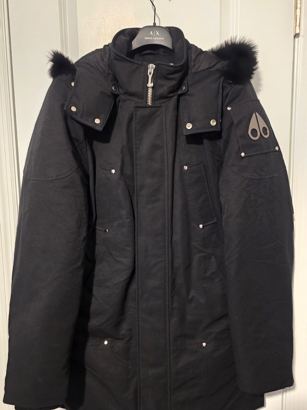 Moose Knuckles Men's Black Insulated Parka with Fur-Trim Hood